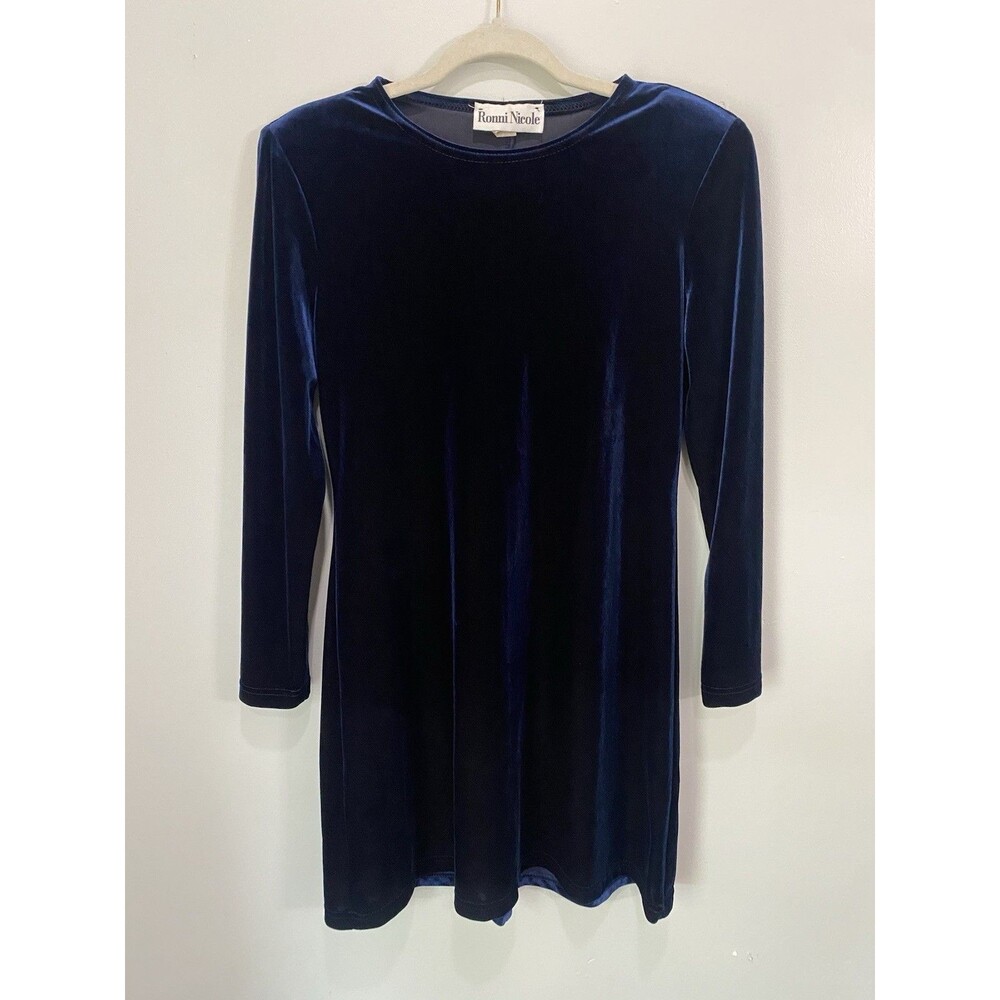 Vintage Ronni Nicole Navy Blue Velvet Long Sleeve Shift Mini Dress Sz 6 90s Y2K